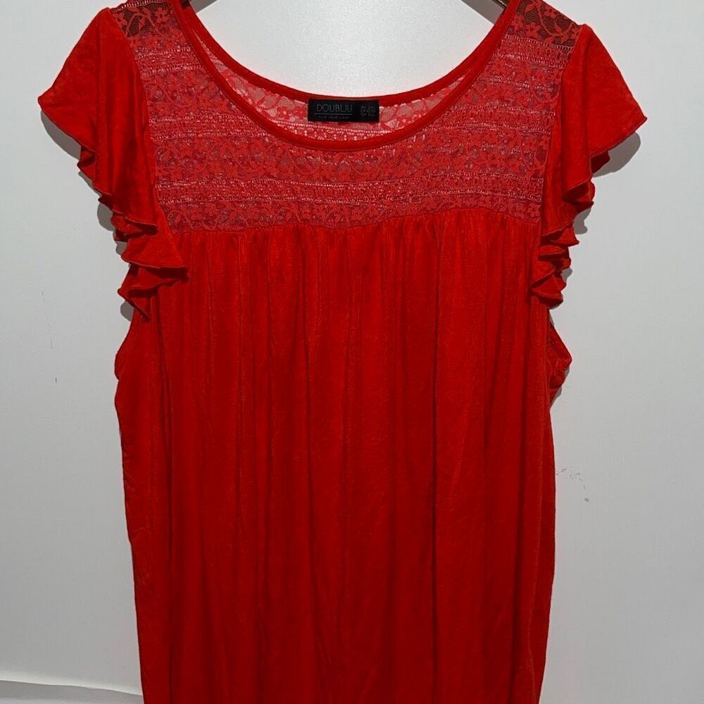 Doublju Women's Red Floral Lace Short Flutter Sleeve Pullover Blouse Size 2XL
